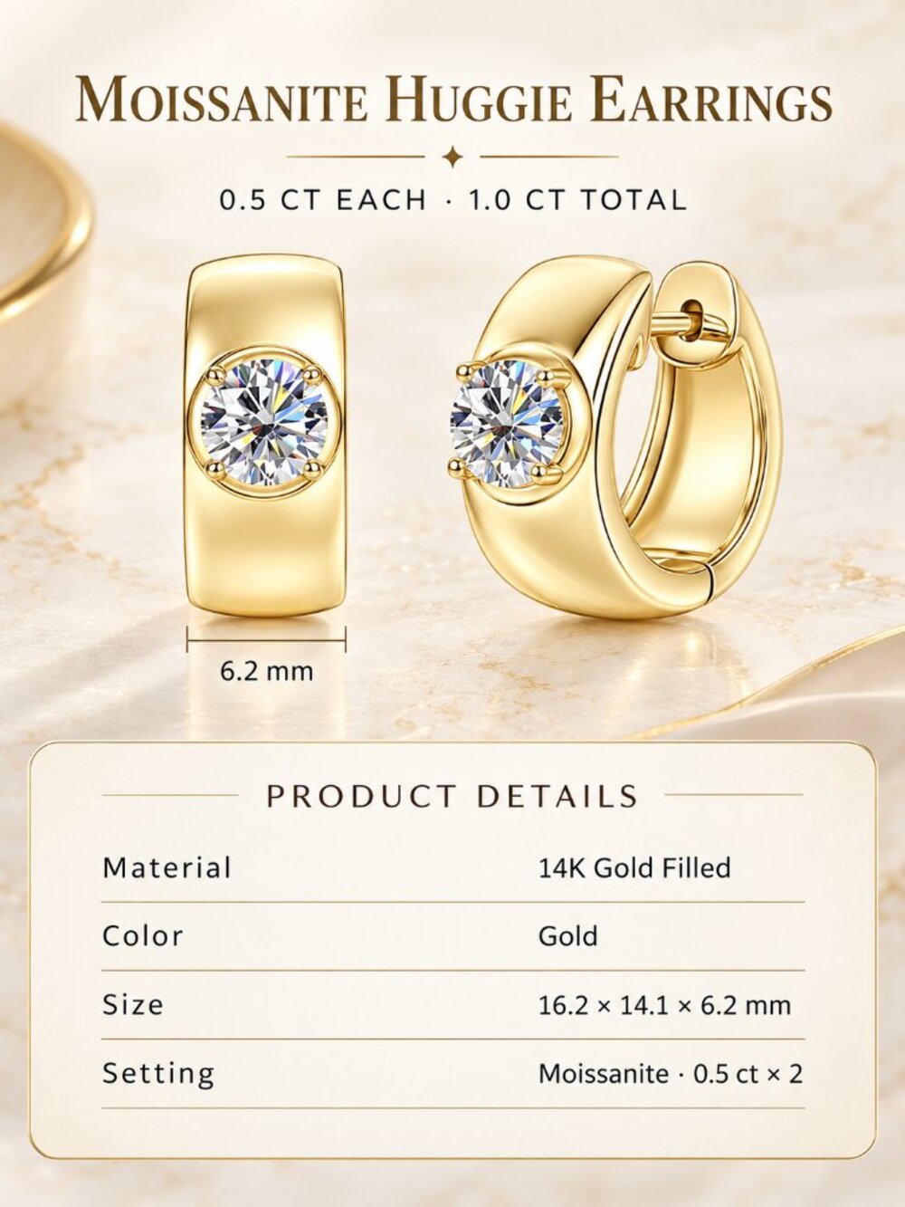 5mm 1 CTW Moissanite & 14K Gold Chunky Huggie Hoop Earrings
